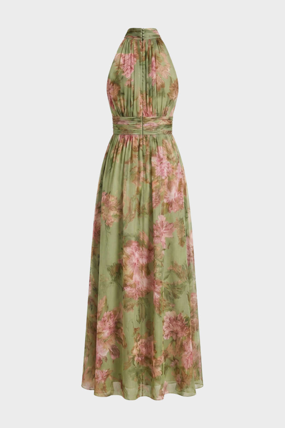 Green floral halter maxi dress with a defined waist and flowing skirt