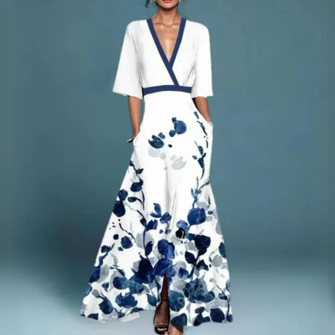 Vestido largo cruzado de flores de mujer con escote en V y manga 3/4