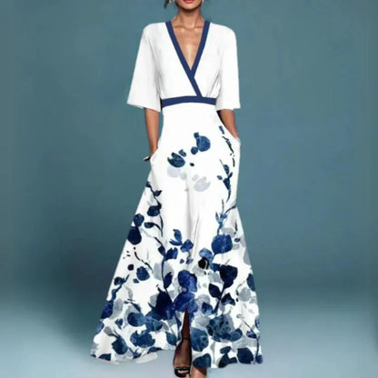 Vestido largo cruzado de flores de mujer con escote en V y manga 3/4