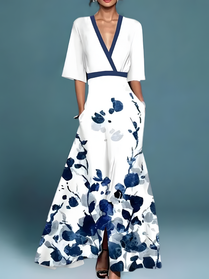 Women's floral wrap jumpsuit with V-neckline, three-quarter sleeves and wide legs