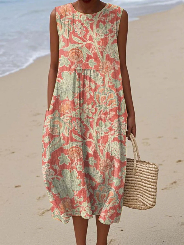 Women's sleeveless multicolour floral midi dress with gathered waist
