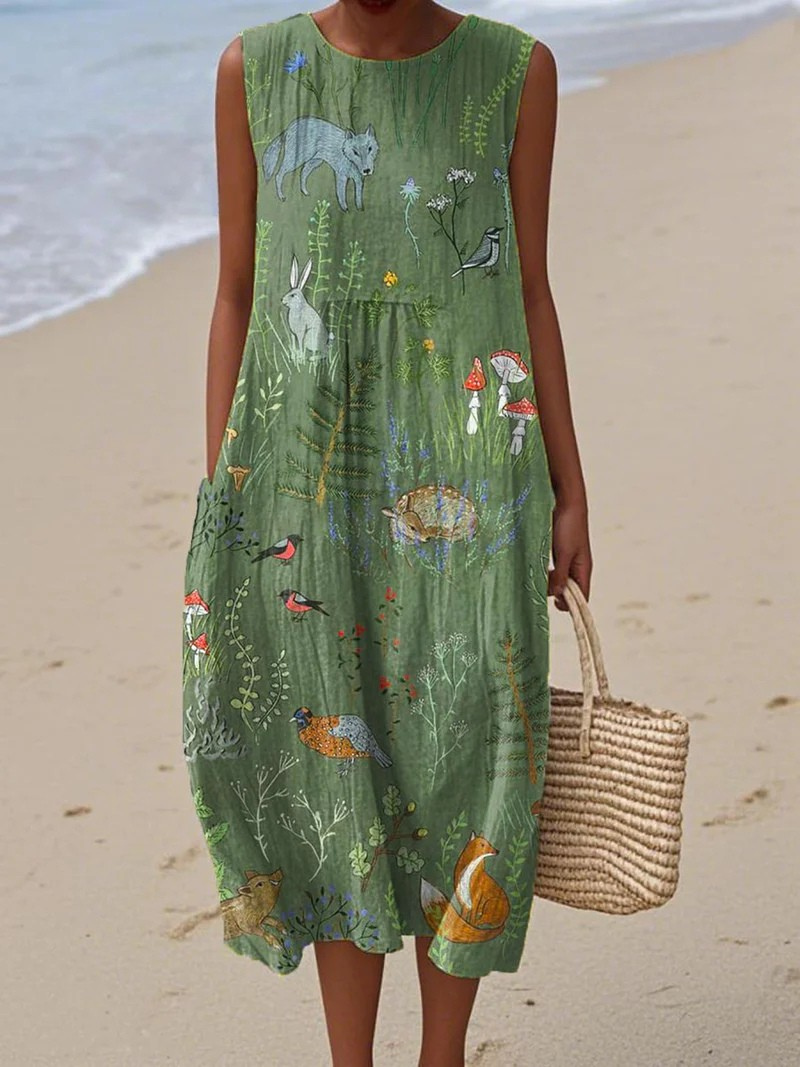 Women's sleeveless floral midi dress with a round neckline and relaxed fit