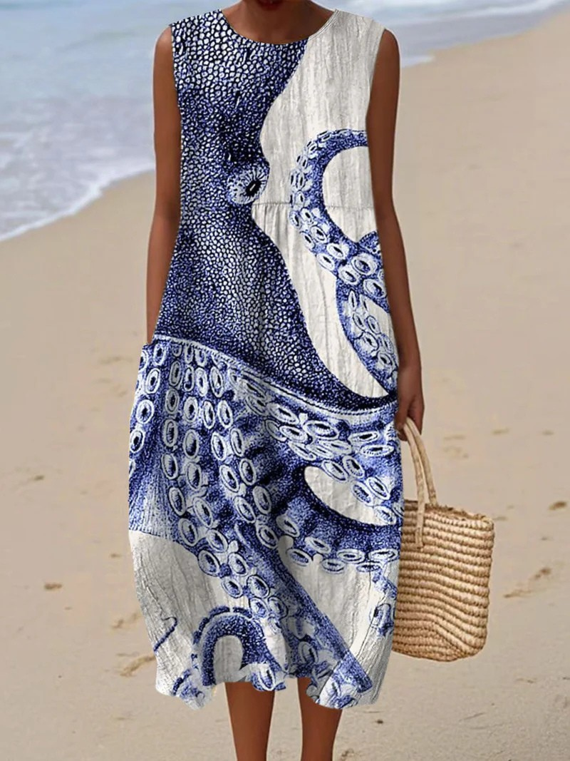Women's sleeveless floral midi dress with a round neckline and relaxed fit