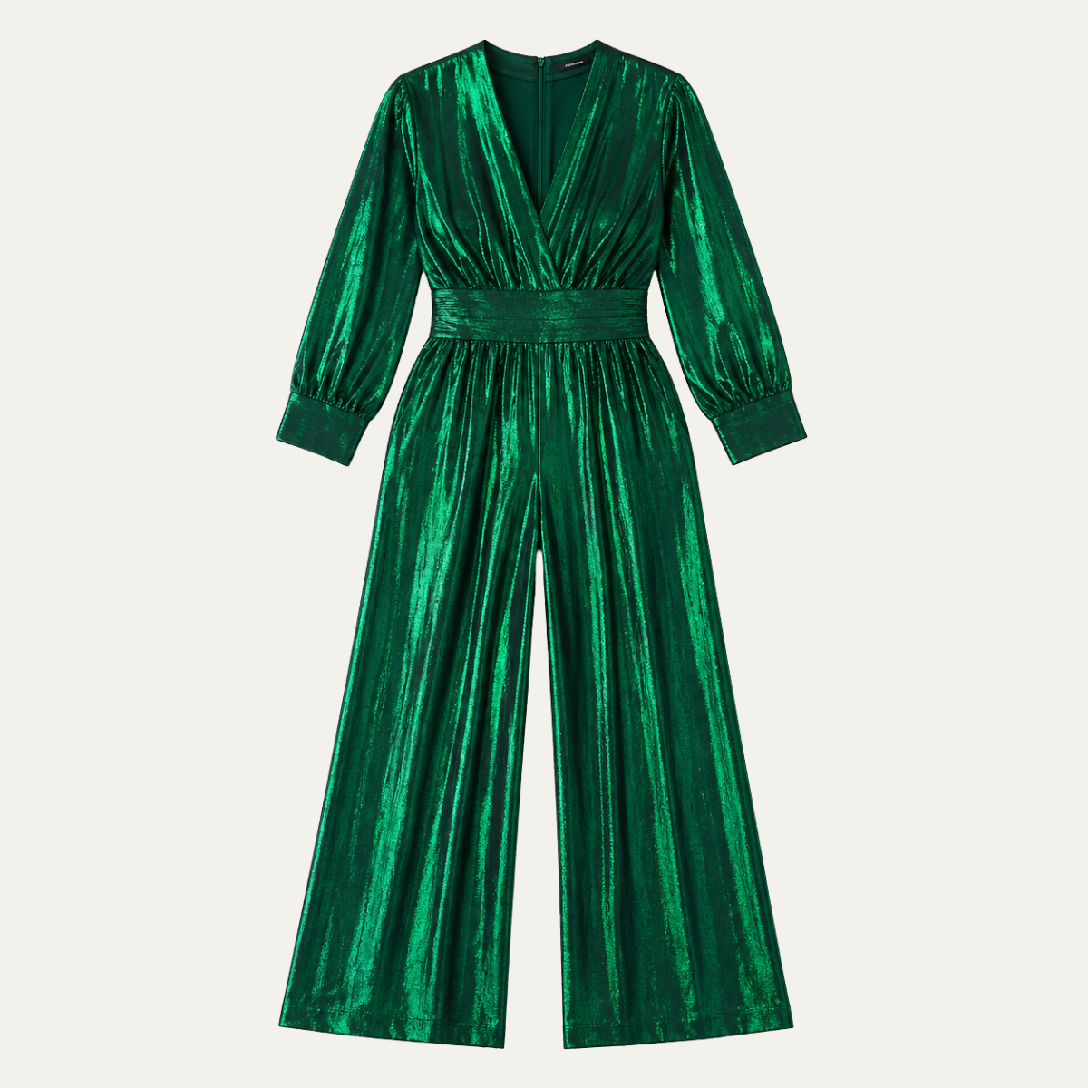 Woman wearing a shiny wide-leg jumpsuit with a deep V-neckline and three-quarter sleeves