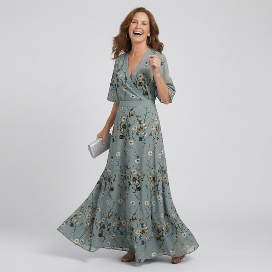 Women's green floral wrap maxi dress with V-neckline and elbow-length sleeves