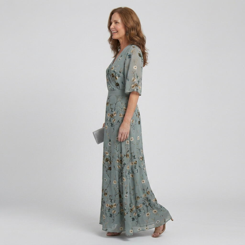 Women's green floral wrap maxi dress with V-neckline and elbow-length sleeves