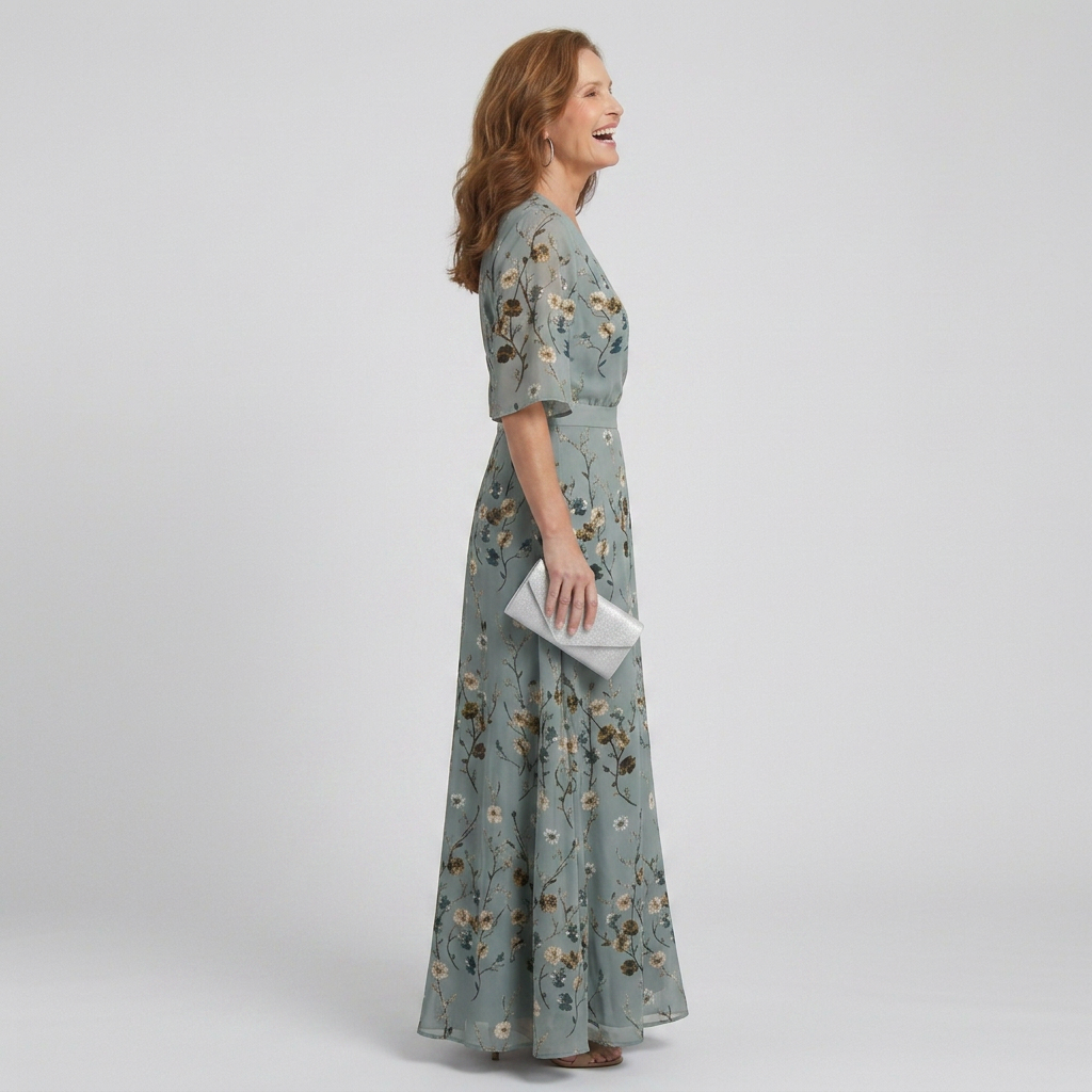 Women's green floral wrap maxi dress with V-neckline and elbow-length sleeves