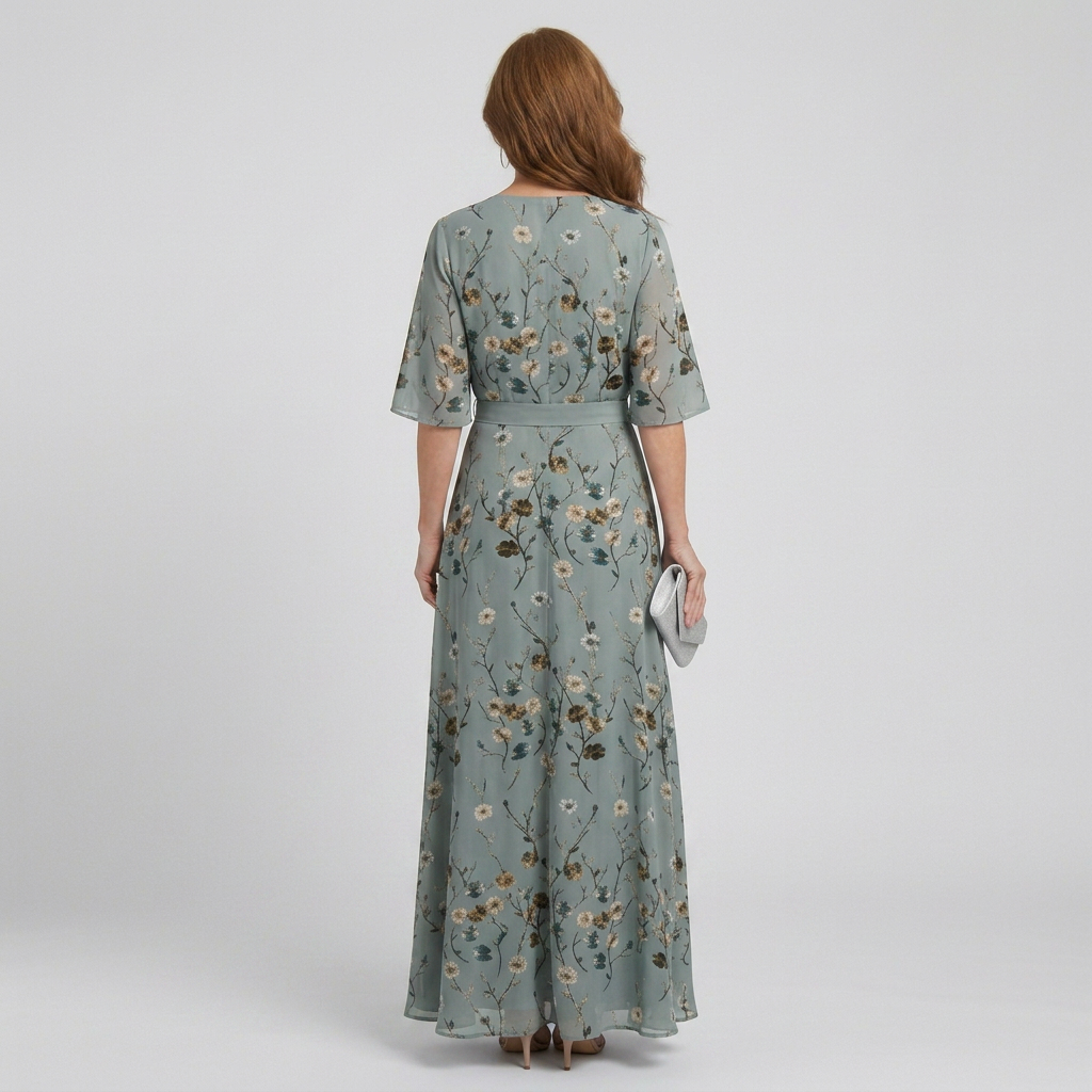 Women's green floral wrap maxi dress with V-neckline and elbow-length sleeves