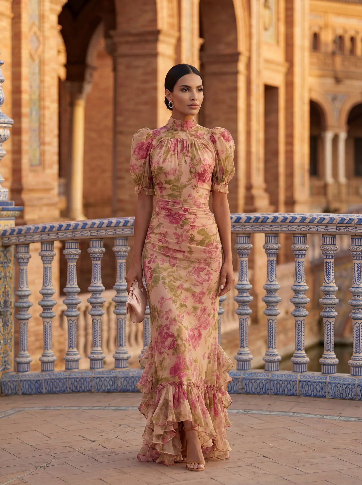 Women's pink floral maxi dress with high neck, puff sleeves and ruffled hem