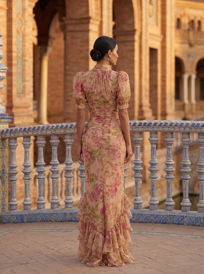 Women's pink floral maxi dress with high neck, puff sleeves and ruffled hem