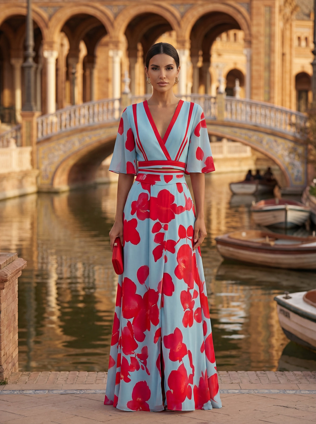 Women's floral wrap jumpsuit with V-neckline, 3/4 sleeves and wide legs