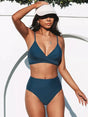 Women's high-waisted bikini set with wrap V-neck top and spaghetti straps