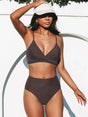 Women's high-waisted bikini set with wrap V-neck top and spaghetti straps