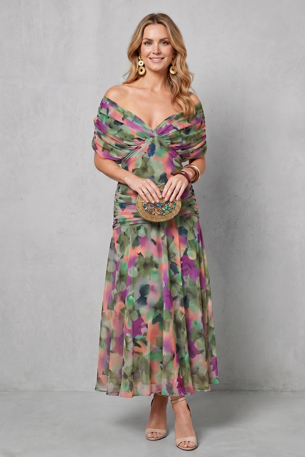 Women's floral wrap maxi dress with draped off-shoulder bodice and flowing ankle-length skirt
