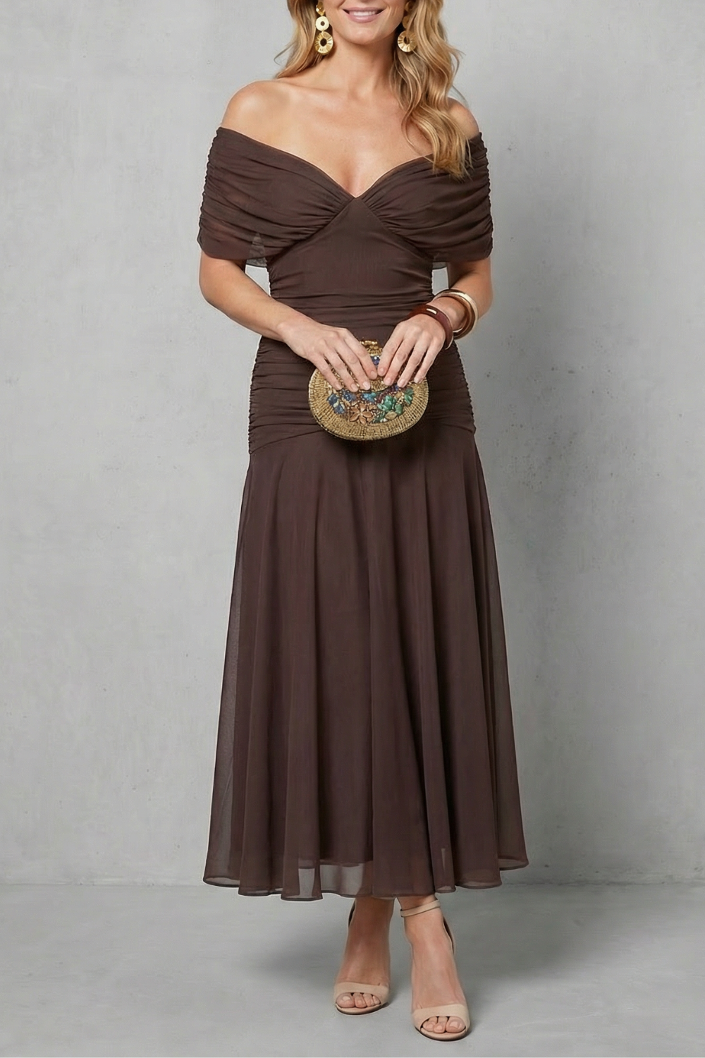 Women's floral wrap maxi dress with draped off-shoulder bodice and flowing ankle-length skirt