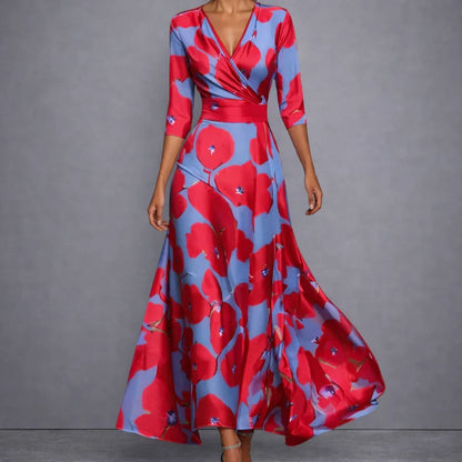 Women's floral wrap maxi dress with V-neckline and three-quarter sleeves