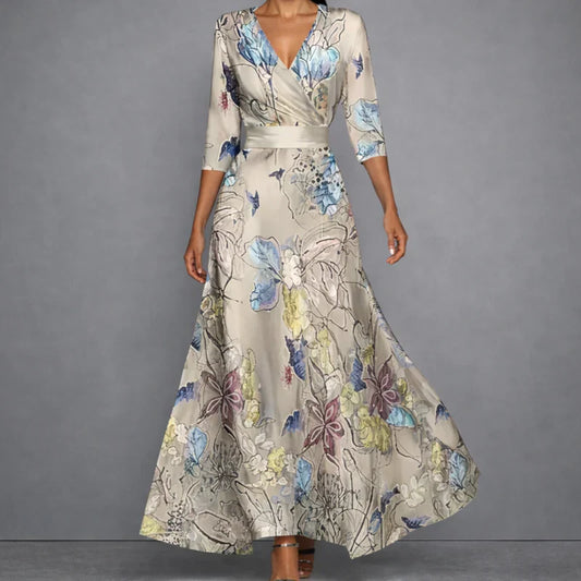 Women's floral wrap maxi dress with V-neckline and three-quarter sleeves