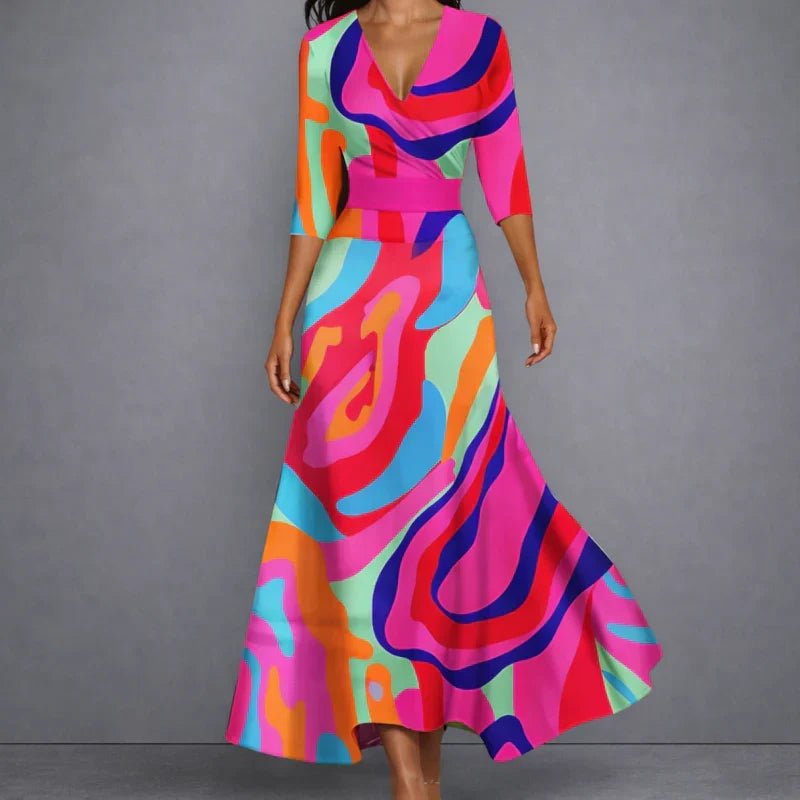 Women's floral wrap maxi dress with V-neckline and three-quarter sleeves