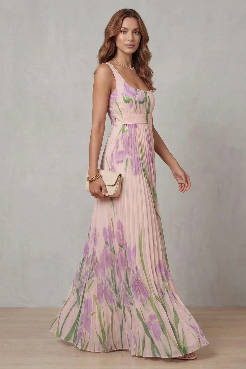 Women's floral pleated maxi dress with square neckline and sleeveless bodice