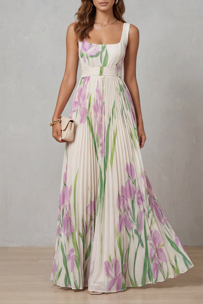 Women's floral pleated maxi dress with square neckline and sleeveless bodice