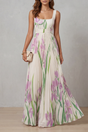 Vestido largo plisado de flores de mujer con escote cuadrado y sin mangas