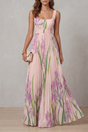 Women's floral pleated maxi dress with square neckline and sleeveless bodice