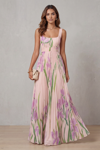 Women's floral pleated maxi dress with square neckline and sleeveless bodice