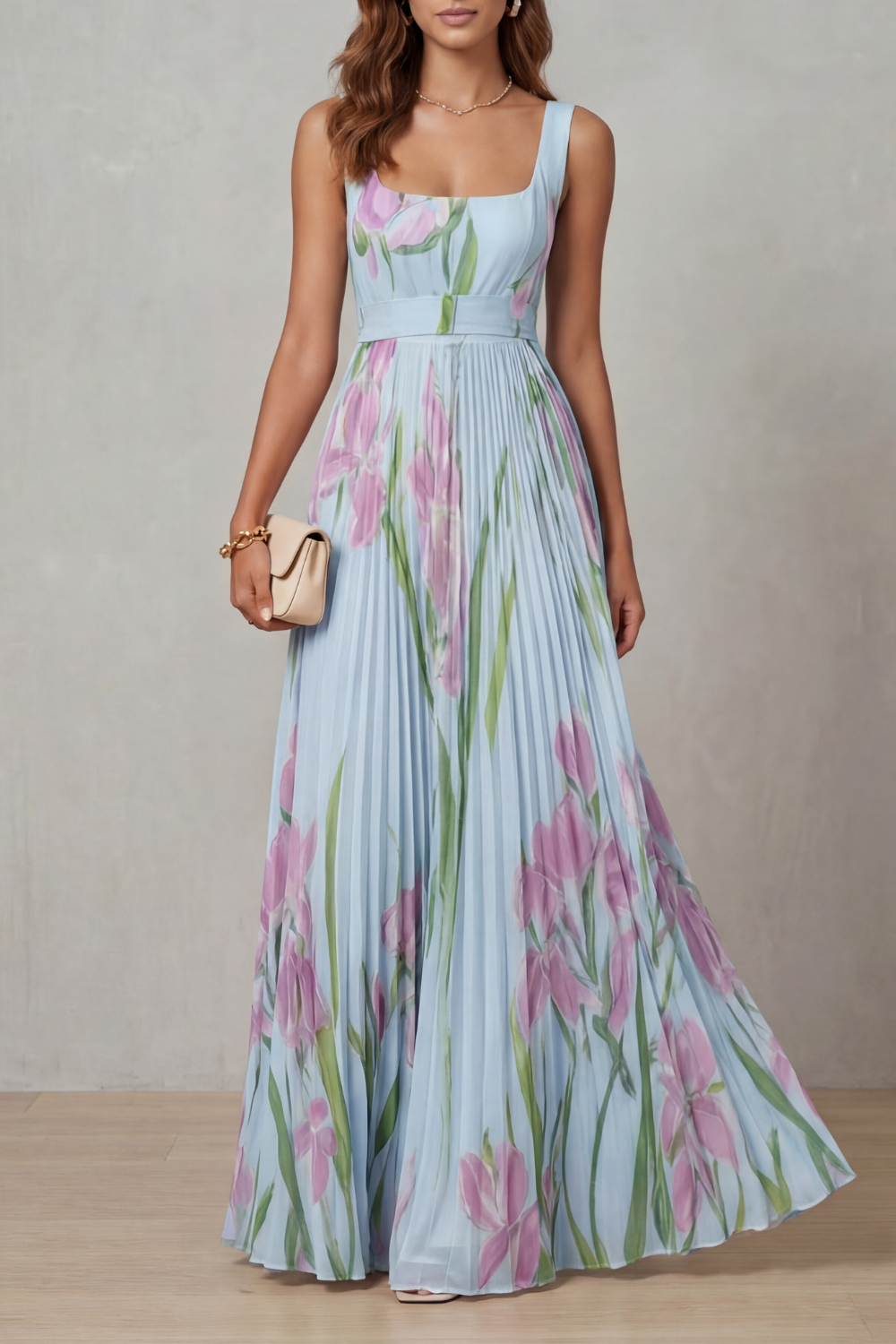 Women's floral pleated maxi dress with square neckline and sleeveless bodice