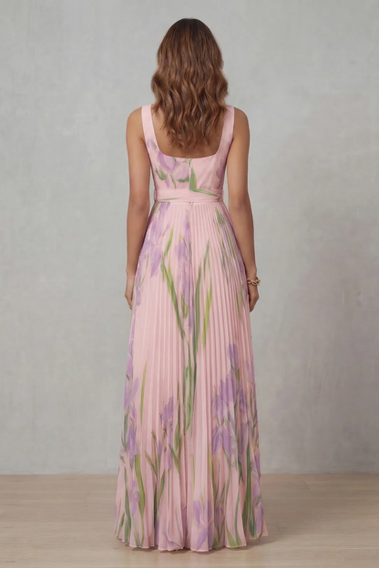 Women's floral pleated maxi dress with square neckline and sleeveless bodice