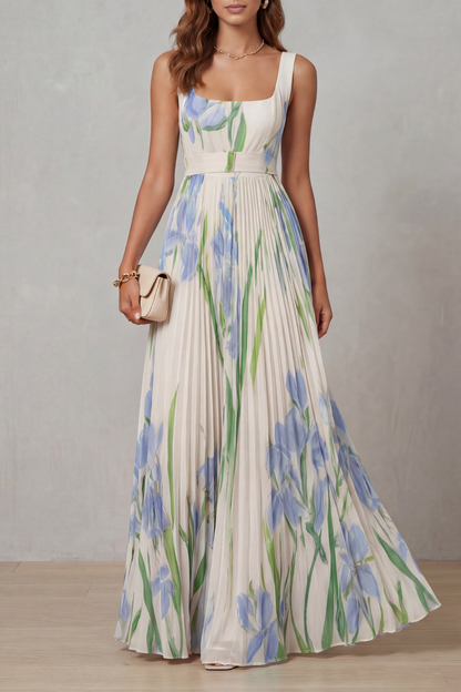 Women's floral pleated maxi dress with square neckline and sleeveless bodice
