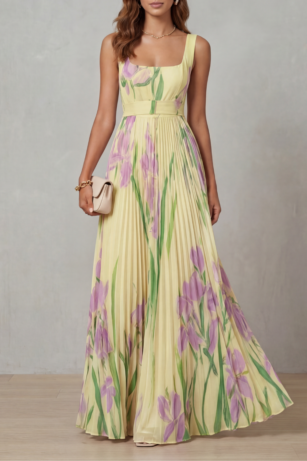 Women's floral pleated maxi dress with square neckline and sleeveless bodice