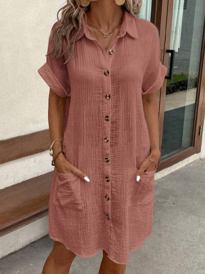 Women's short sleeve shirt dress with button front and patch pockets