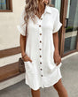 Women's short sleeve shirt dress with button front and patch pockets