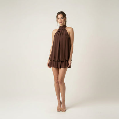 Sleeveless halter mini dress with a tiered layered skirt