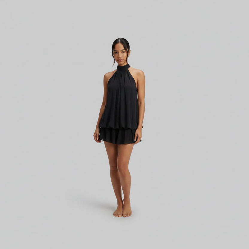 Sleeveless halter mini dress with a tiered layered skirt