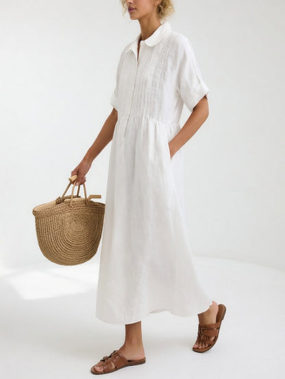Women's shirt midi dress with rounded collar, short sleeves and gathered waist
