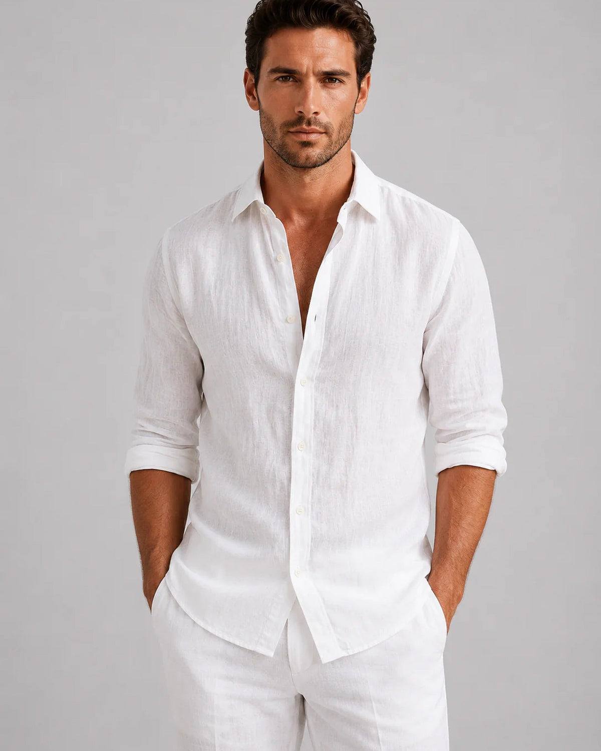 Men's long-sleeve collared shirt with button front and curved hem