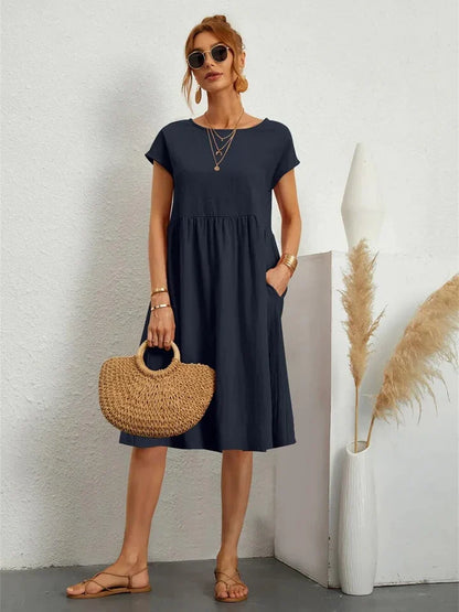 Women's plain gathered midi dress with cap sleeves and side pockets