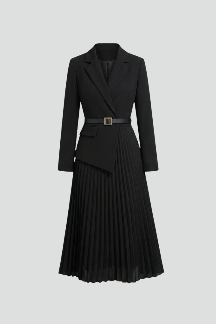 Women's blazer-style midi dress with a belted waist and pleated skirt