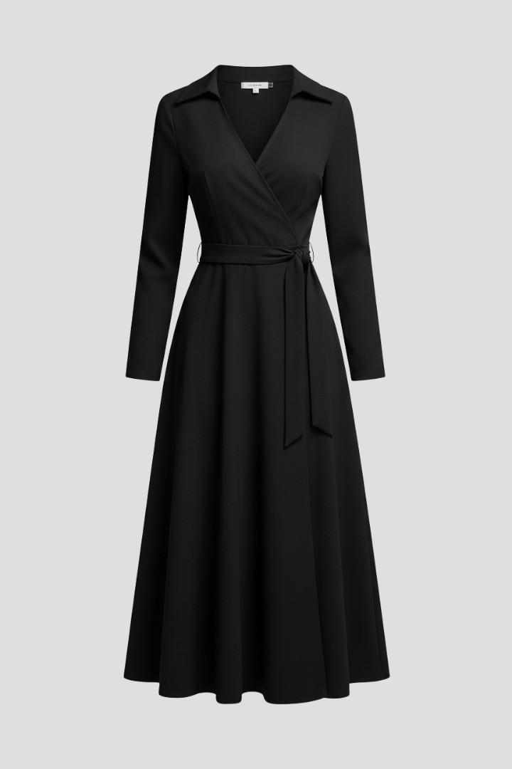 Women's wrap midi dress with V-neckline, shirt collar, three-quarter sleeves and tie waist