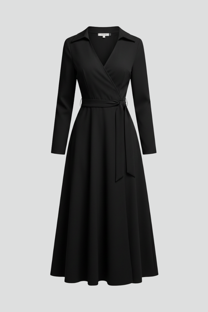 Women's wrap midi dress with V-neckline, shirt collar, three-quarter sleeves and tie waist