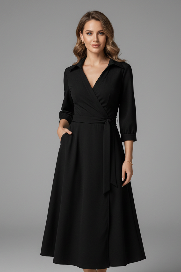 Women's wrap midi dress with V-neckline, shirt collar, three-quarter sleeves and tie waist