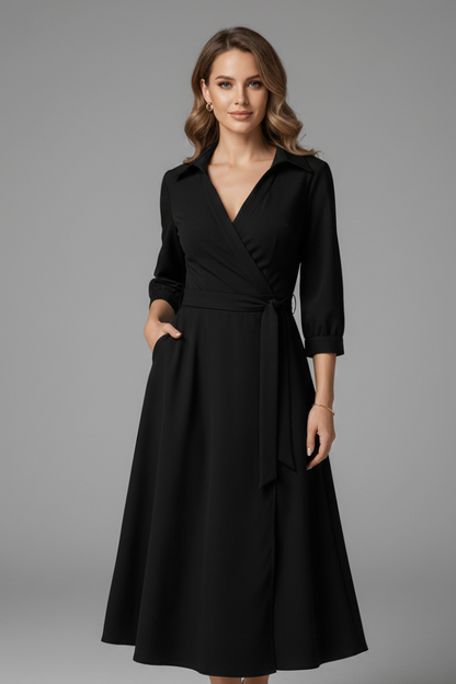 Women's wrap midi dress with V-neckline, shirt collar, three-quarter sleeves and tie waist