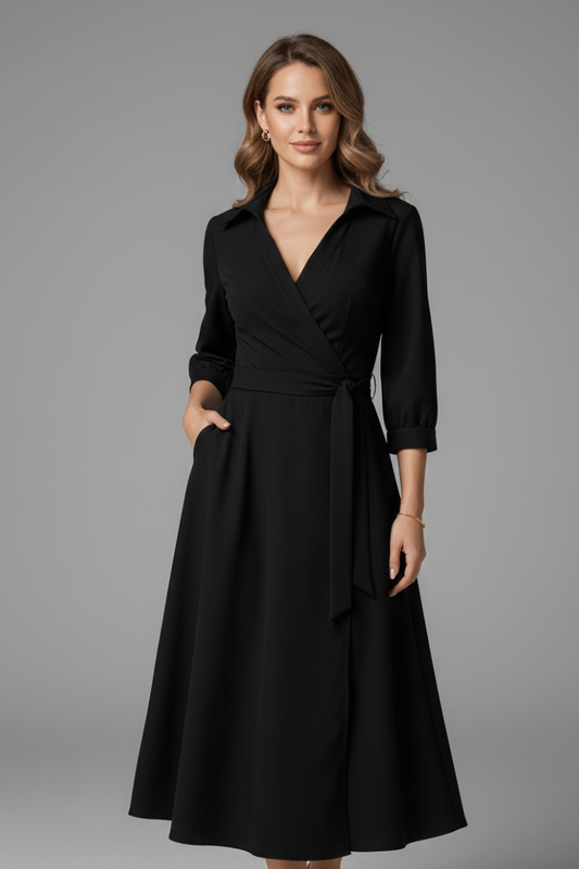 Women's wrap midi dress with V-neckline, shirt collar, three-quarter sleeves and tie waist