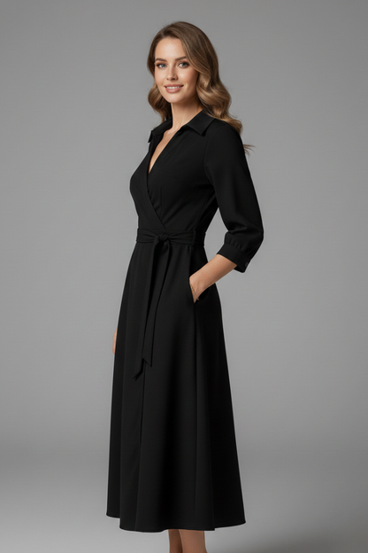 Women's wrap midi dress with V-neckline, shirt collar, three-quarter sleeves and tie waist