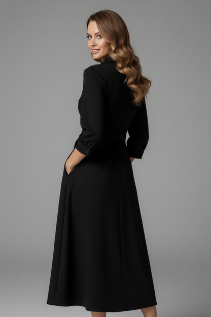 Women's wrap midi dress with V-neckline, shirt collar, three-quarter sleeves and tie waist