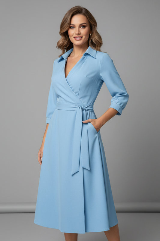 Women's wrap midi dress with V-neckline, shirt collar, three-quarter sleeves and tie waist