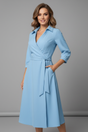 Women's wrap midi dress with V-neckline, shirt collar, three-quarter sleeves and tie waist