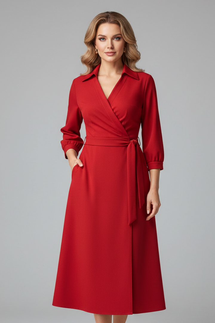 Women's wrap midi dress with V-neckline, shirt collar, three-quarter sleeves and tie waist