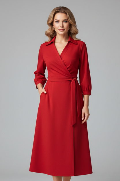 Women's wrap midi dress with V-neckline, shirt collar, three-quarter sleeves and tie waist